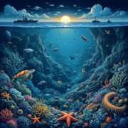 Image générée par IA representant les activités anthropiques en haute mer et la biodiversité pélagique et benthique.