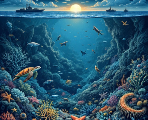 Image générée par IA representant les activités anthropiques en haute mer et la biodiversité pélagique et benthique.