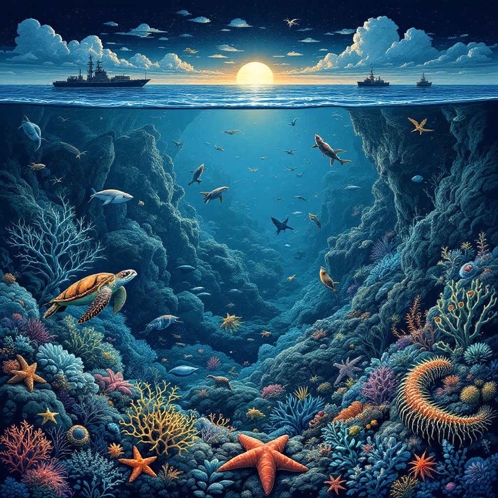 Image générée par IA representant les activités anthropiques en haute mer et la biodiversité pélagique et benthique.